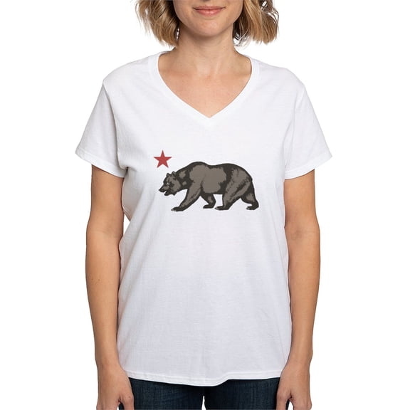 CafePress - California Bear With Star Women's V Neck T Shirt - Womens Cotton V-Neck T-shirt