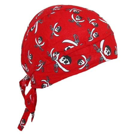 - Size one size Cotton Pirate Crossed Knives Skull Do Rag Cap, Red