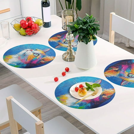

Round Grid Placemat One Sizex6 Round Placemat PVC Plate Mat，15.4 Inch Non-Slip and Heat Resistant Table Placemat Dining Room Placemat Cute Cat Color