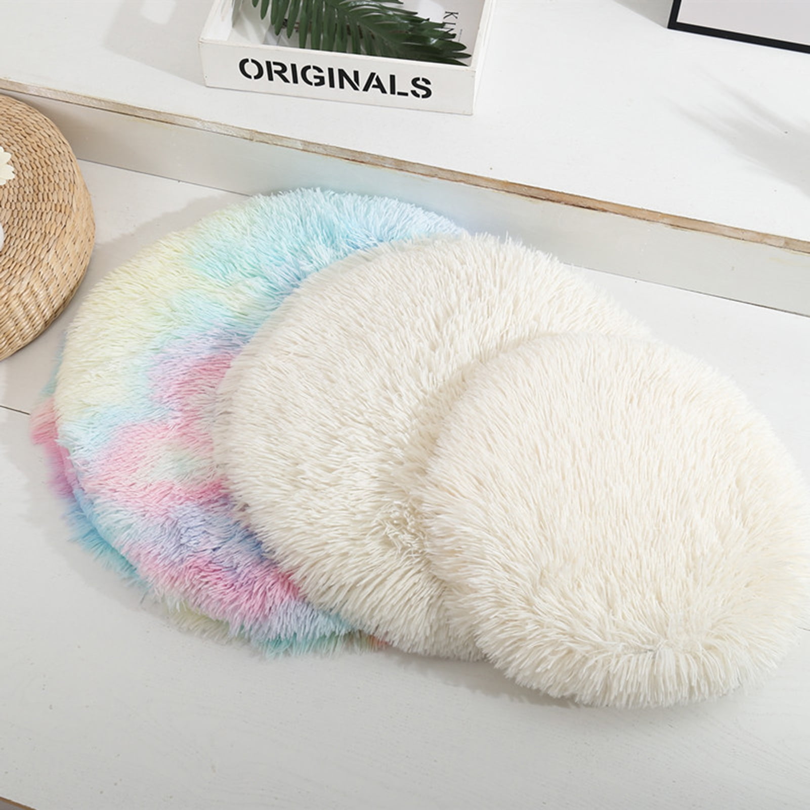 Opvise Cat Cushion Round Keep Warmth Super Soft Dogs Kitten Sleeping Cushion Bed for Household Multicolor