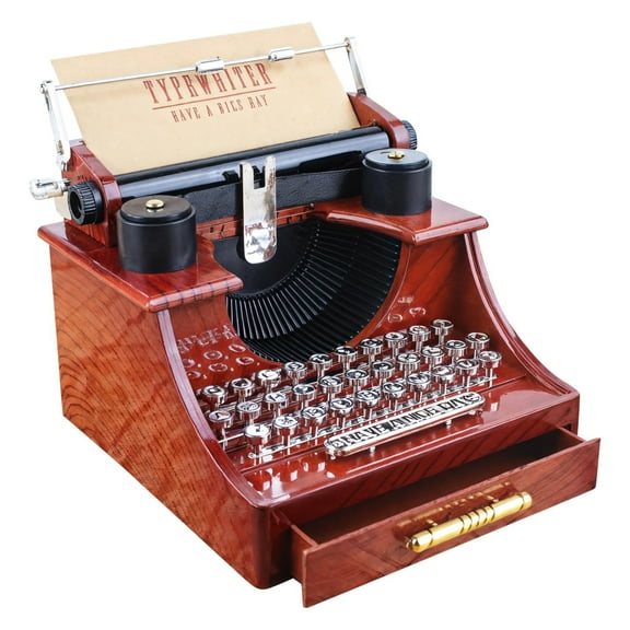 Vintage Typewriter Music Box Decoration, Red Woodgrain Finish Vintage Room Office Decor Gift, Mini Size 5.5 x 5.9 x 4.3 inches