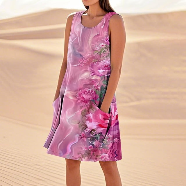 LVHAOGJOB Robes en Coton et Lin pour Femmes Sans Manches Robe Midi d'Été avec Poches Grande Taille Col Ras du Cou Mujeres Robe d'Été Longue