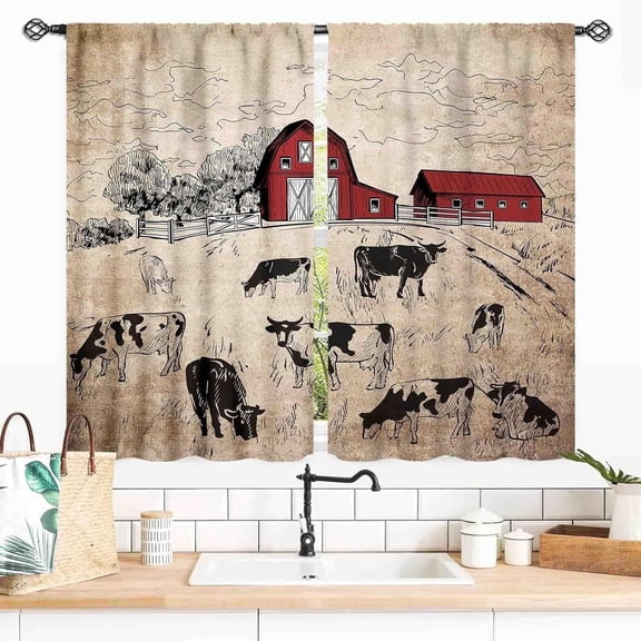 2 Panels Farmhouse Cow Curtains, Vintage Barn and Cow Print Window Curtains, Rod Pocket Light Filtering Drapes for Living Room Bedroom Kitchen Decor