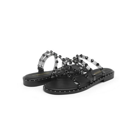 

Women‘s Clear Studded Rhinestone Slide Sandals Slip on Open Toe Cute Flat Sandals for Summer Women‘s Footwear