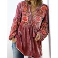 thumbnail image 2 of Blusa de mujer con estampado vintage, escote en V, manga larga, puños elásticos, ropa de calle, primavera y otoño, camiseta holgada de terciopelo, jersey, ropa de mujer, 2 of 4