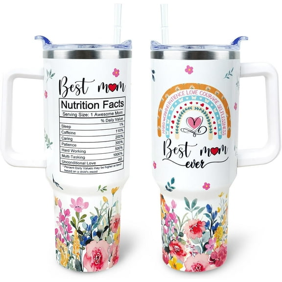 Mom Tumbler 40 oz Tumbler with Handle and Straw Lid Leak Proof - Best Mom Ever Tumbler for Christmas Mothers Day Birthday Gifts for Mom Women - Stainless Steel Cup