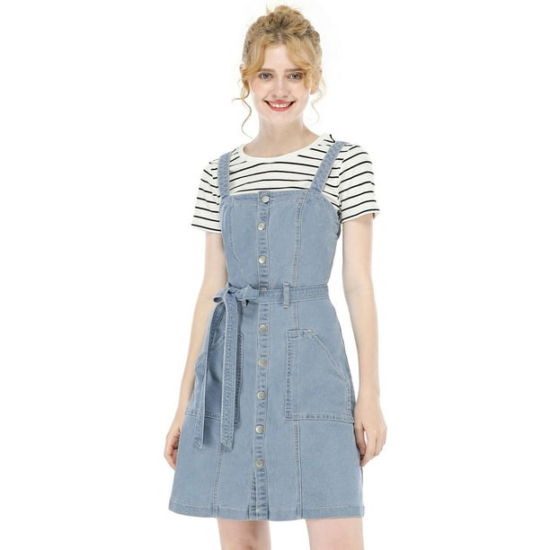 Vestido de mezclilla A-Line para mujer con tirantes ajustables Inspire Chic, primavera verano, color azul claro