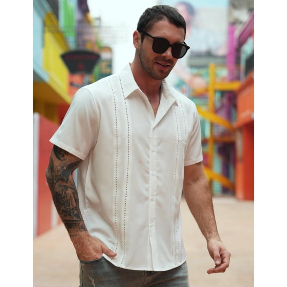 COOFANDY Mens Short Sleeve Cuban Guayabera Shirt Casual Summer Beach Button Down Shirts Resort Vacation Shirts
