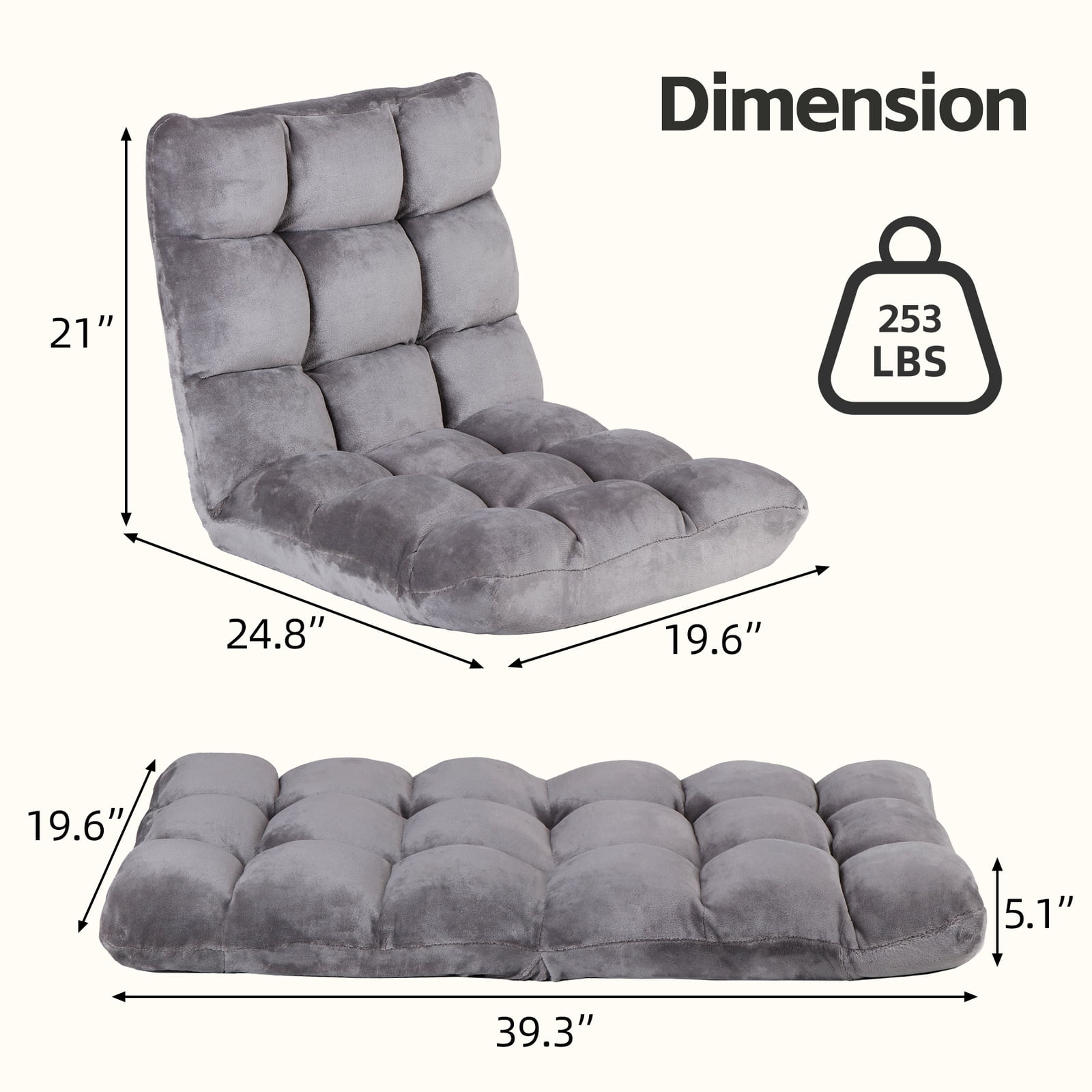 WDZS 14-Position Folding Floor Chair Gaming Sofa Cushioned Padded Reclining Bed Lounge Couch Seating for Comfy Reading, Reading, Gaming, Relaxing, Watching TV,Gray