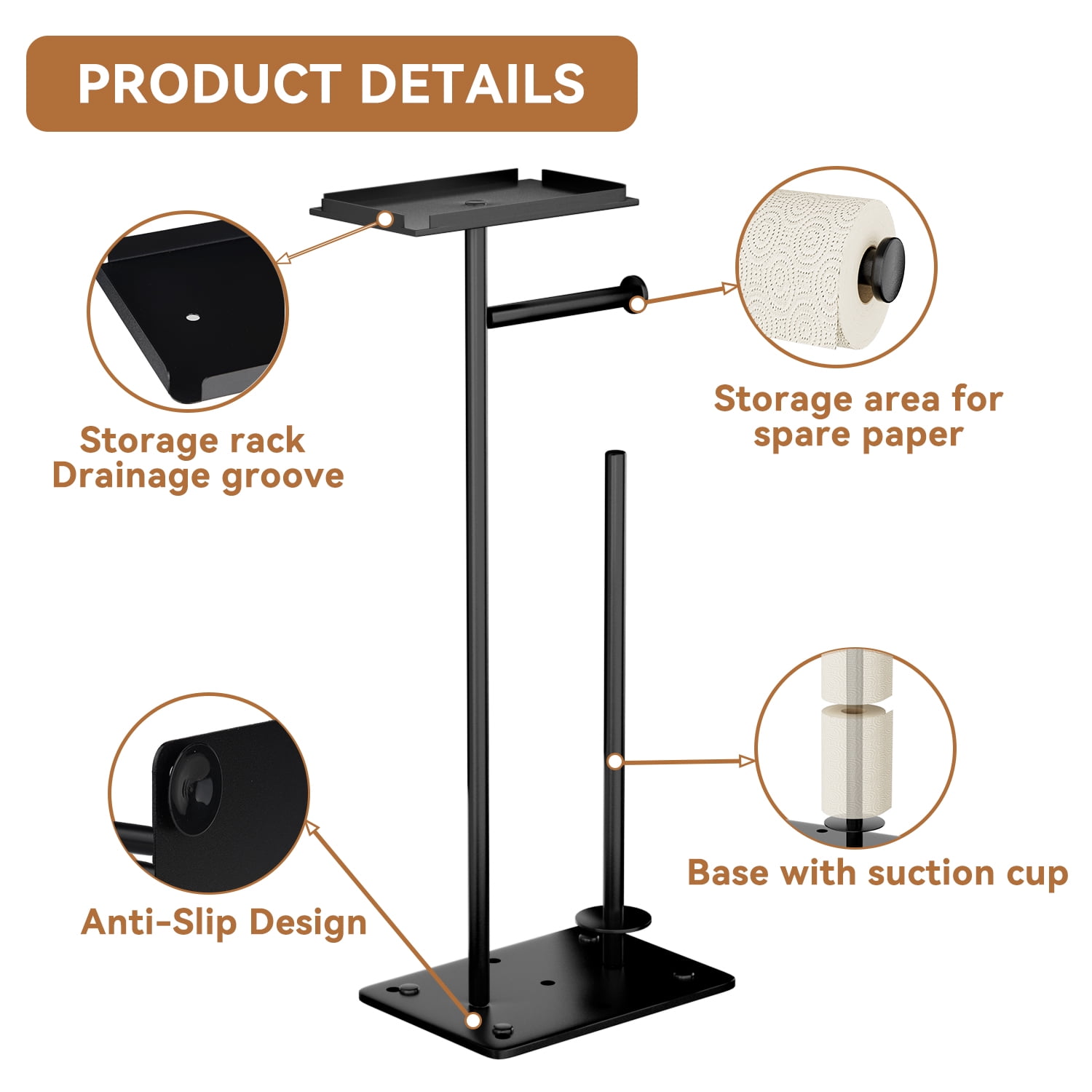 SZZJKJ Toilet Paper Holder Stand with Top Storage Shelf，Toilet Paper Holder，Toilet Paper Rack with Storage Function, Capable of Holding 4 Spare Rolls(Black).