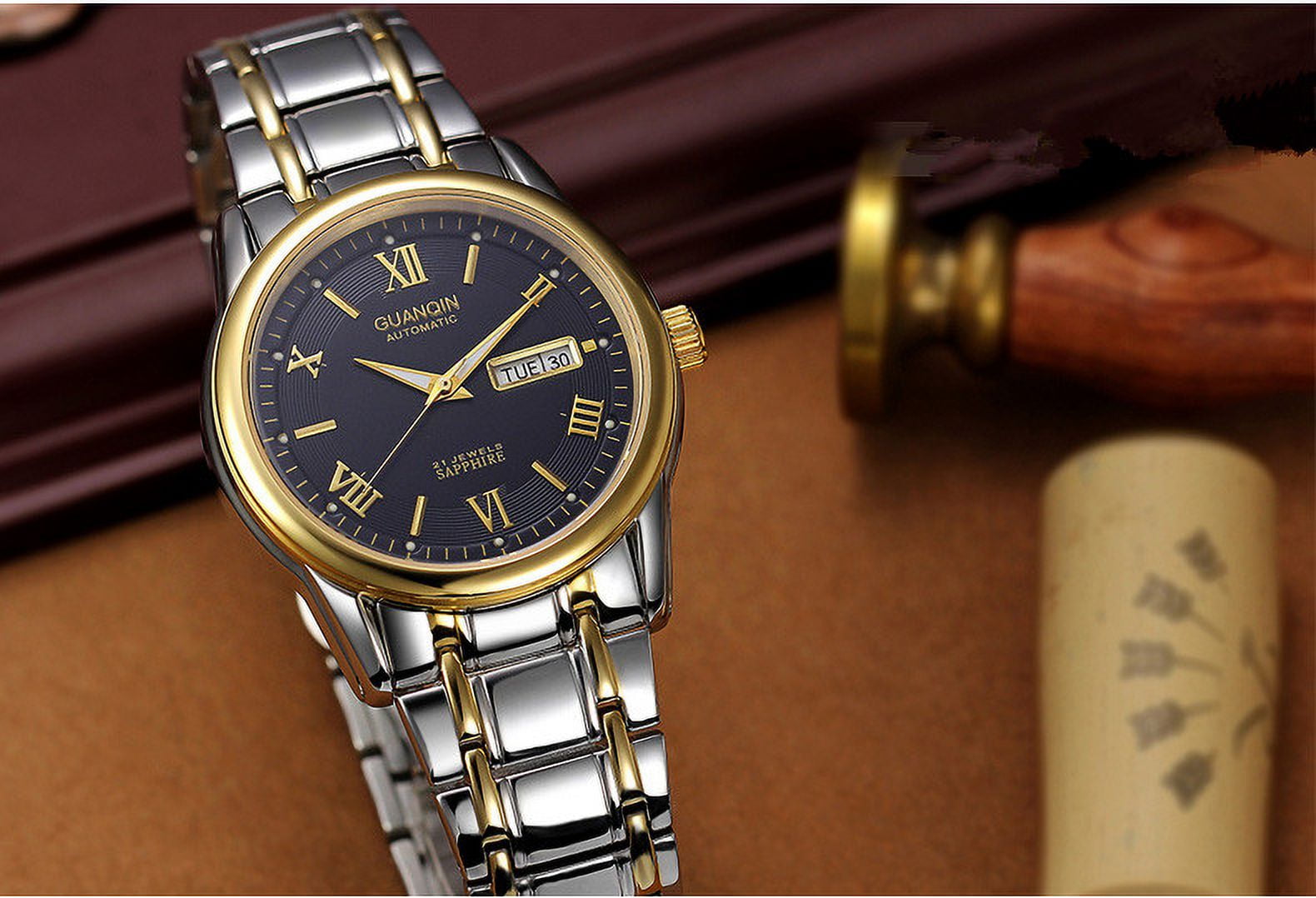 GUANQIN Chronograph Wrist Watch with yellow sub-dial hands. Model : GS –  FAIOKI 富可期