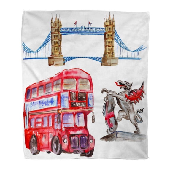 ASHLEIGH Throw Blanket Warm Cozy Print Flannel Watercolor London Great Britain Symbols British Bus Aquarelle for Pattern Comfortable Soft for Bed Sofa and Couch 50x60 Inches