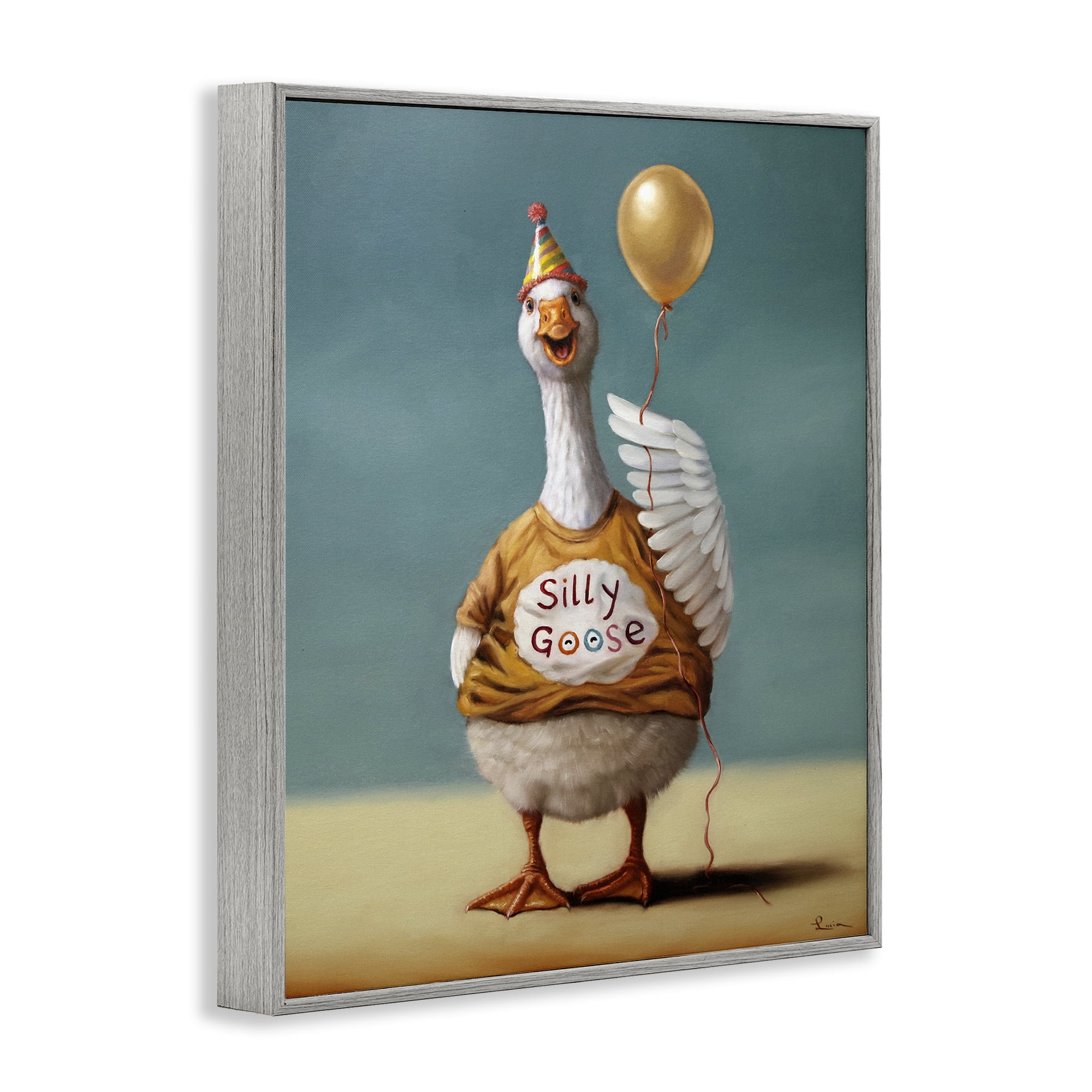 Stupell Industries Silly Goose with Balloon Gray Framed Giclee Art, design by Lucia Heffernan