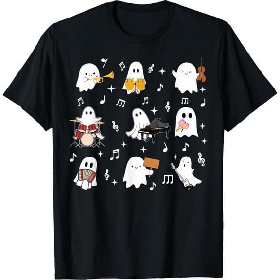Halloween Music Teacher Ghost Playing Musical Instruments So Cute Gifts T-shirt
