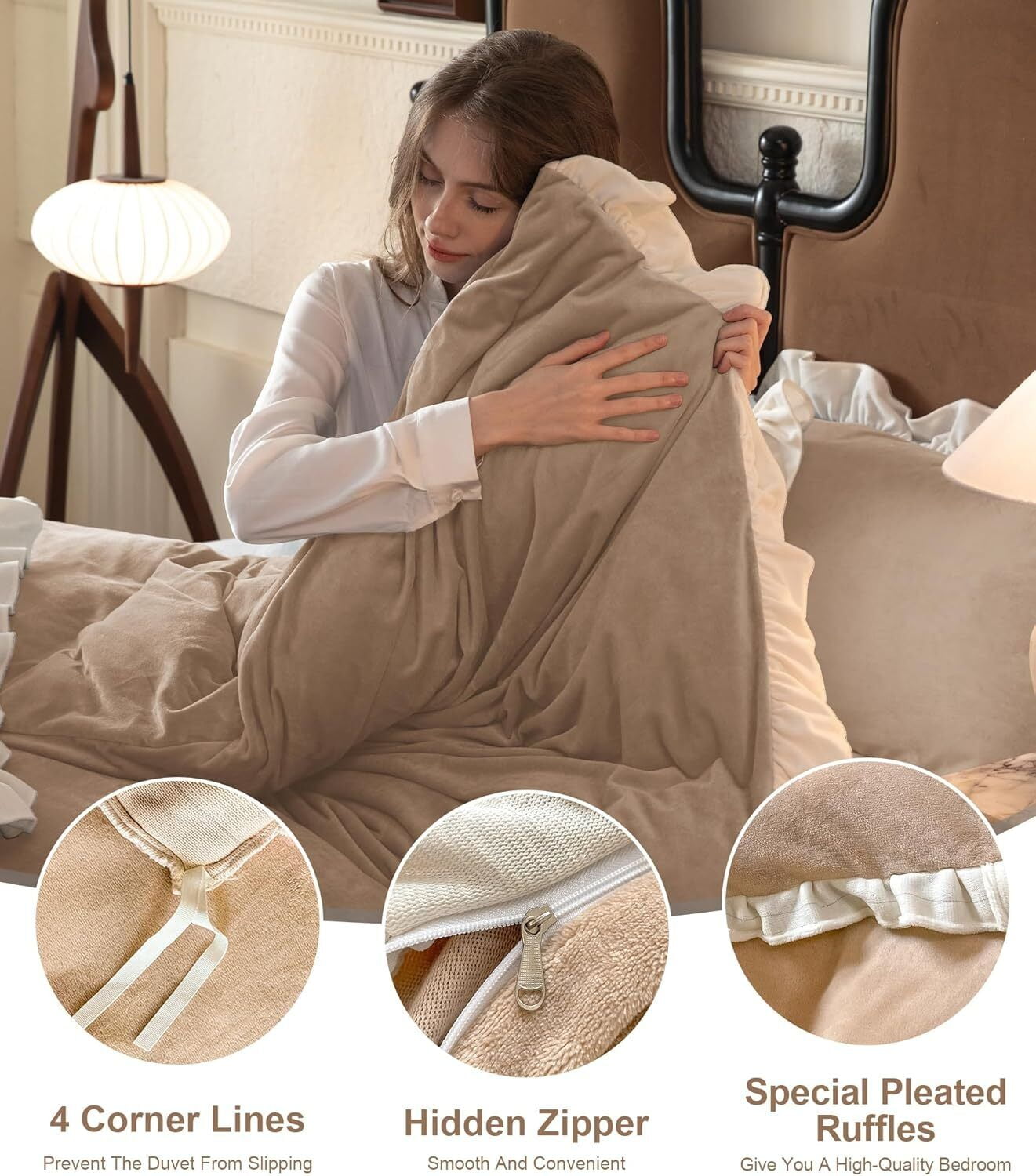 TOPCHANCES 3 Piece Duvet Cover Set, Soft Velvet Fabric Bedding Sets with Zipper Closure and 1 Pillowcase (Light Brown, Twin Size)
