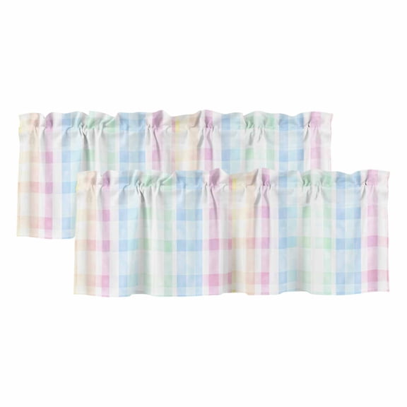 Blue Pink Plaid Valances for Windows, Pastel Green White Buffalo Patchwork Light Filtering Kitchen Curtains, Rod Pocket Window Valance Curtains for Living Room Bedroom, 54" W x 18" L, 2 Panels