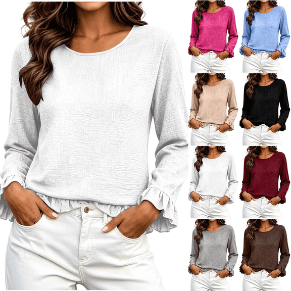 Women's Solid Color Crew Neck Loose Casual Tops Long Sleeve Smocked Cuffed Ruffle Collar Blouses