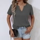 thumbnail image 5 of Mujeres de Verano Tops Nuevo Color Sólido Cuello en V Manga Corta con una Hendidura en el Doblado, Poliéster, 5 of 8