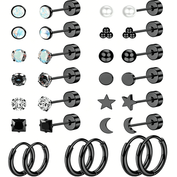 DESIGNICE Hypoallergenic Flat Back Stud Earrings for Women Men Stainless Steel Earrings for Sensitive Ears Small Stud Hoop Silver Black Earrings Cartilage Earring Set for Multiple Piercing