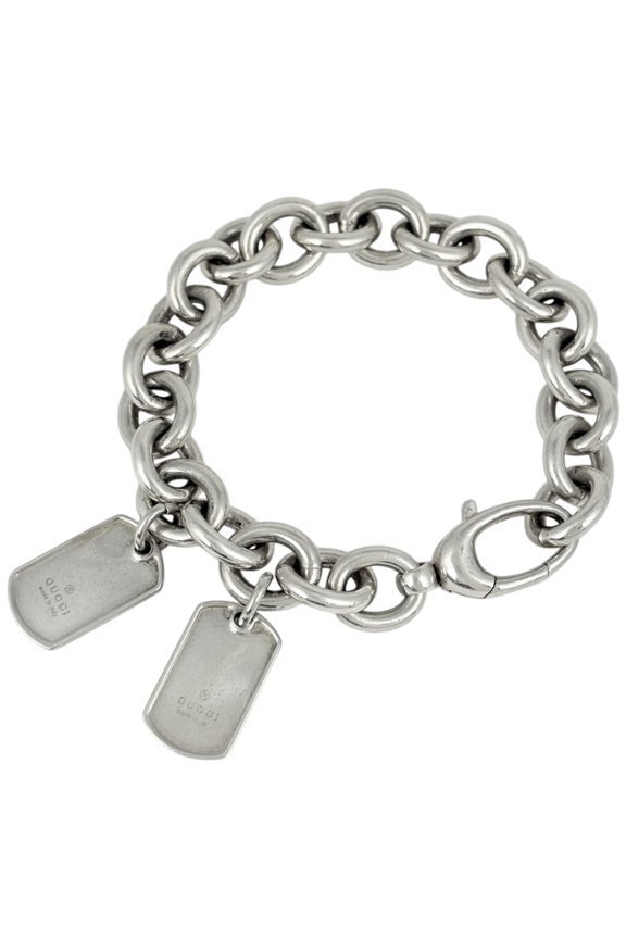 Pre-Owned Gucci Dog Tag Chain Bracelet with Logo Plate, Sterling Silver 925, Silver, Women's