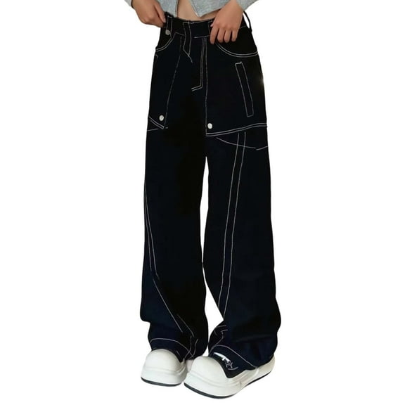 UJNDER Women's High Waisted Wide Leg Straight Jeans with Contrast Stitching Loose Fit Stretch Denim for Casual Black M