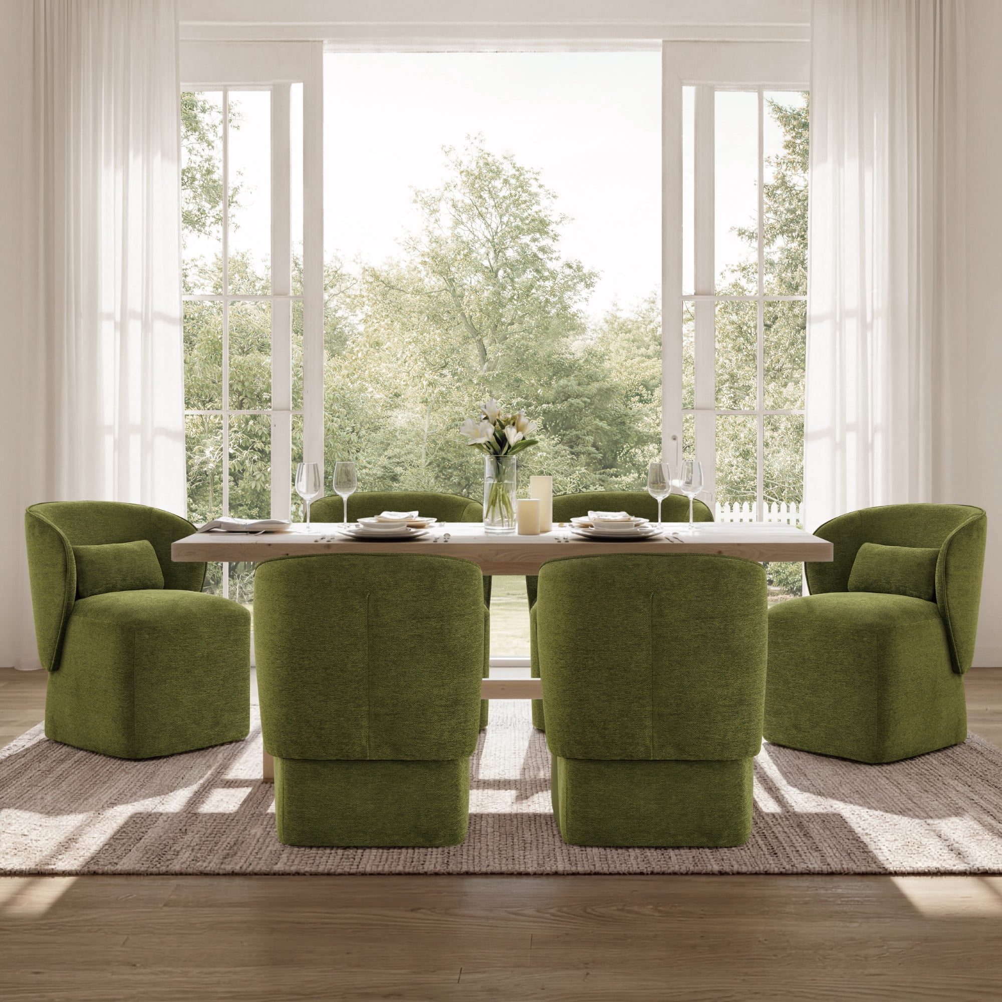 Spruce & Spring Rolling Dining Chairs, Spill-Proof & Stain Resistant Barrel Armchair with Casters, Modern Upholstered Seat and Removable Back Support Pillow for Kitchen Living Room, Green