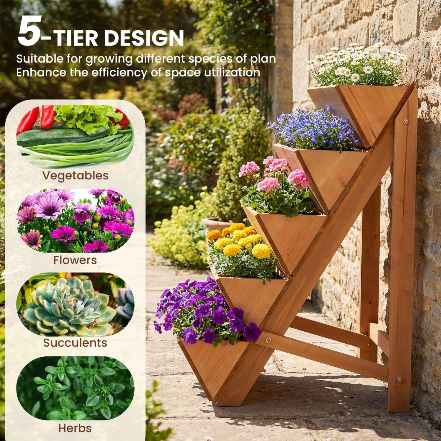 Resenkos 5-Tier Vertical Wooden Raised Garden Bed, Elevated Ladder Style Planter Box with Legs for Small Space Gardening, Orange
