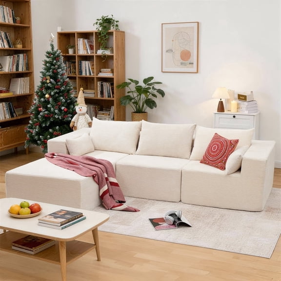 RIAFUN 105.5" Corduroy Cloud L-Shaped Sectional Sofa, Deep Seat Reversible Chaise, No Assembly Required, Pet-Friendly Breathable, 1400 LBS Capacity, Beige