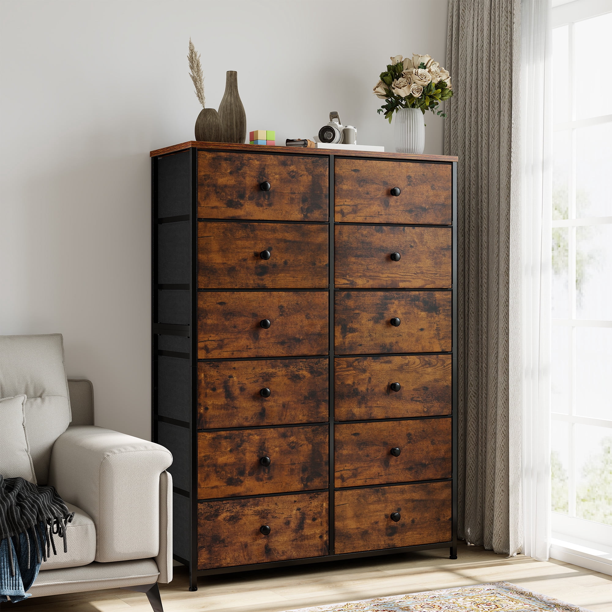 52.2" H Dresser for Bedroom with Fabric Drawers Tall Dresser with Wooden Top for Living Room,Vintage Brown