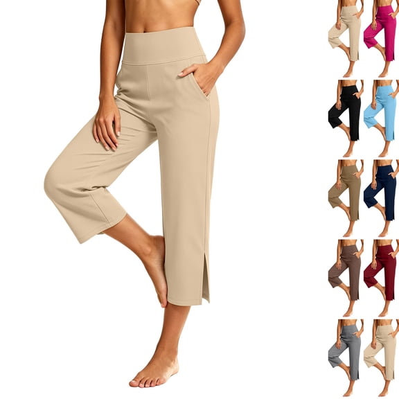 Yoga Capris for Women Tummy Control Stretch Wide Leg Workout Pants with Pockets Summer Lounge Athletic Trousers 2026 Beige L