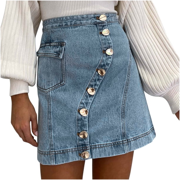 Falda de mezclilla para mujer con cintura elástica y bolsillo de falda sólida informal a la moda para mujer Wmkox8yi FGJ2166