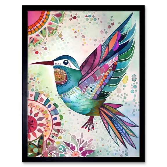 Hummingbird With Multicolour Mandala Patterns Folk Art Watercolour Painting Art Print Framed Poster Wall Decor 12x16 inch