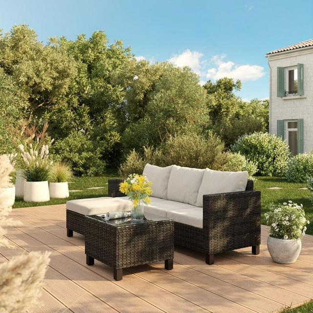 Better Homes & Gardens Brookbury 3-Piece Steel Outdoor Compact Sectional Set with Cushions & Covers, Tan