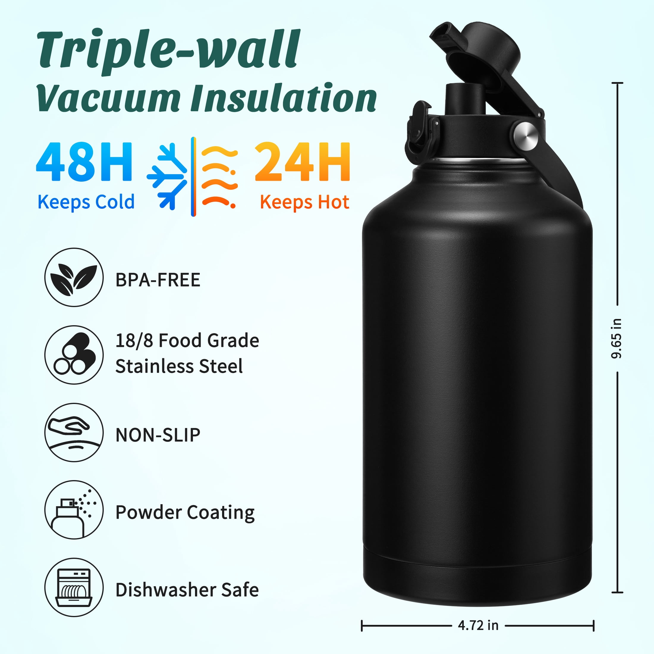 64OZ Insulated Water Bottle with Straw & Spout Lids, Half Gallon Water Jug Keeps Cold 48H & Hot 24H, Wide Mouth Leakproof Reusable Water Bottle, Black