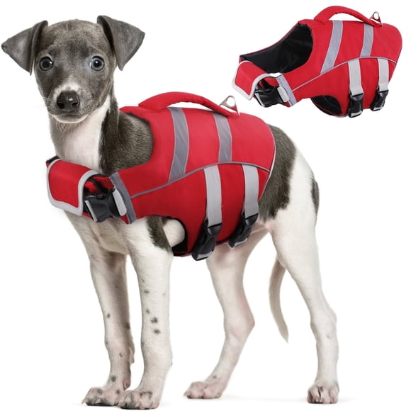 Kuoser Dog Life Jacket with Reflective Stripes, Adjustable Dog Life Vest, Red, XS