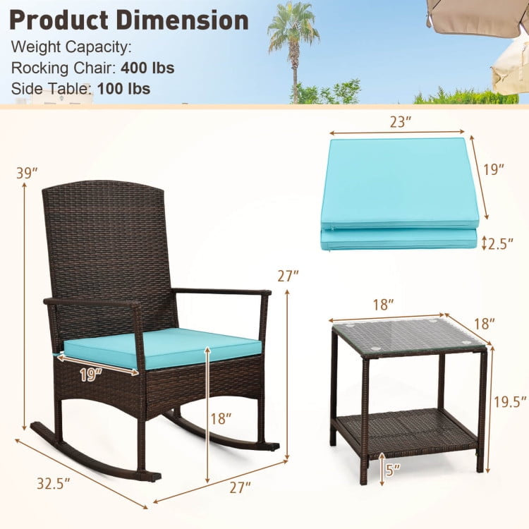 Aimee Lii 3 Piece Patio Rocking Set, Wicker Rocking Chairs with 2-Tier Coffee Table, Outdoor Patio Set, Turquoise Aimee Lii 3 Piece Patio Rocking Set, Wicker Rocking Chairs with 2-Tier Coffee Table, Outdoor Patio Set, Turquoise