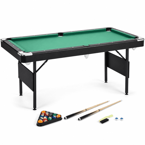 63.8" Foldable Pool Table Billiard Table, Indoor Game Table with Green Velvet Playfield, Cue Sticks, Balls, Triangle Rack & Chalk for Kids Adults Family Game Room
