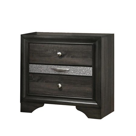 Gray Bedroom Nightstand With 3 Drawers & Silver Accents - Modern Hidden Pocket Drawer Wooden Linings Storage Case