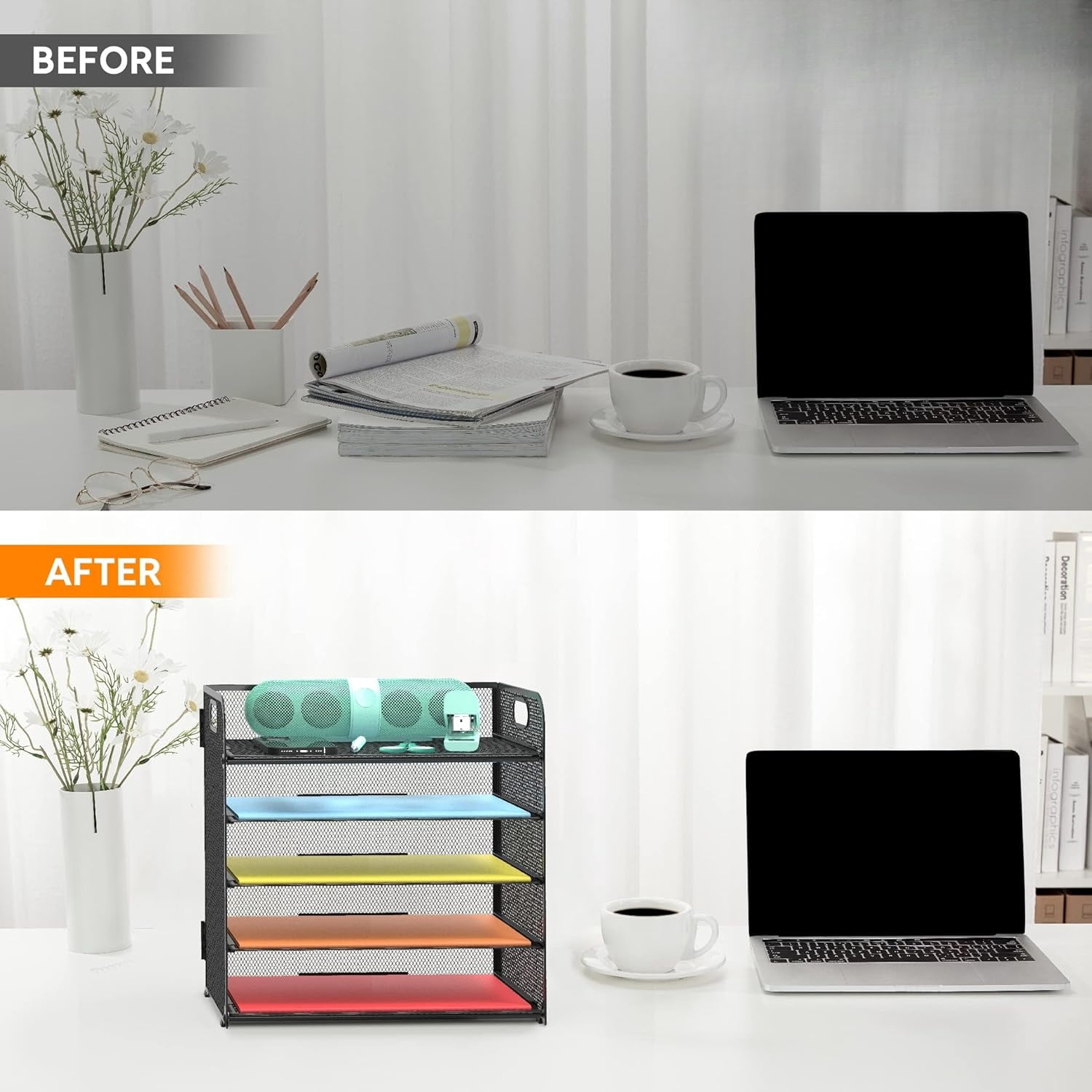 2 Pack Letter Tray Paper Organizer 5-Tier Desk Organizer File Organizer Paper Holder with Handle, Metal Desktop Document Shelf Tray Office Classroom Organization - Blue