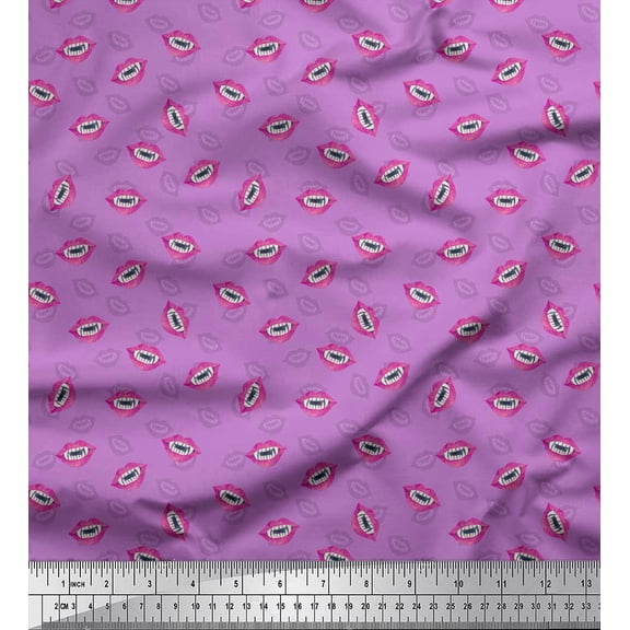 Soimoi Purple polyester Crepe Fabric Monster Lips & Teeth Face Print Fabric by Yard 42 Inch Wide
