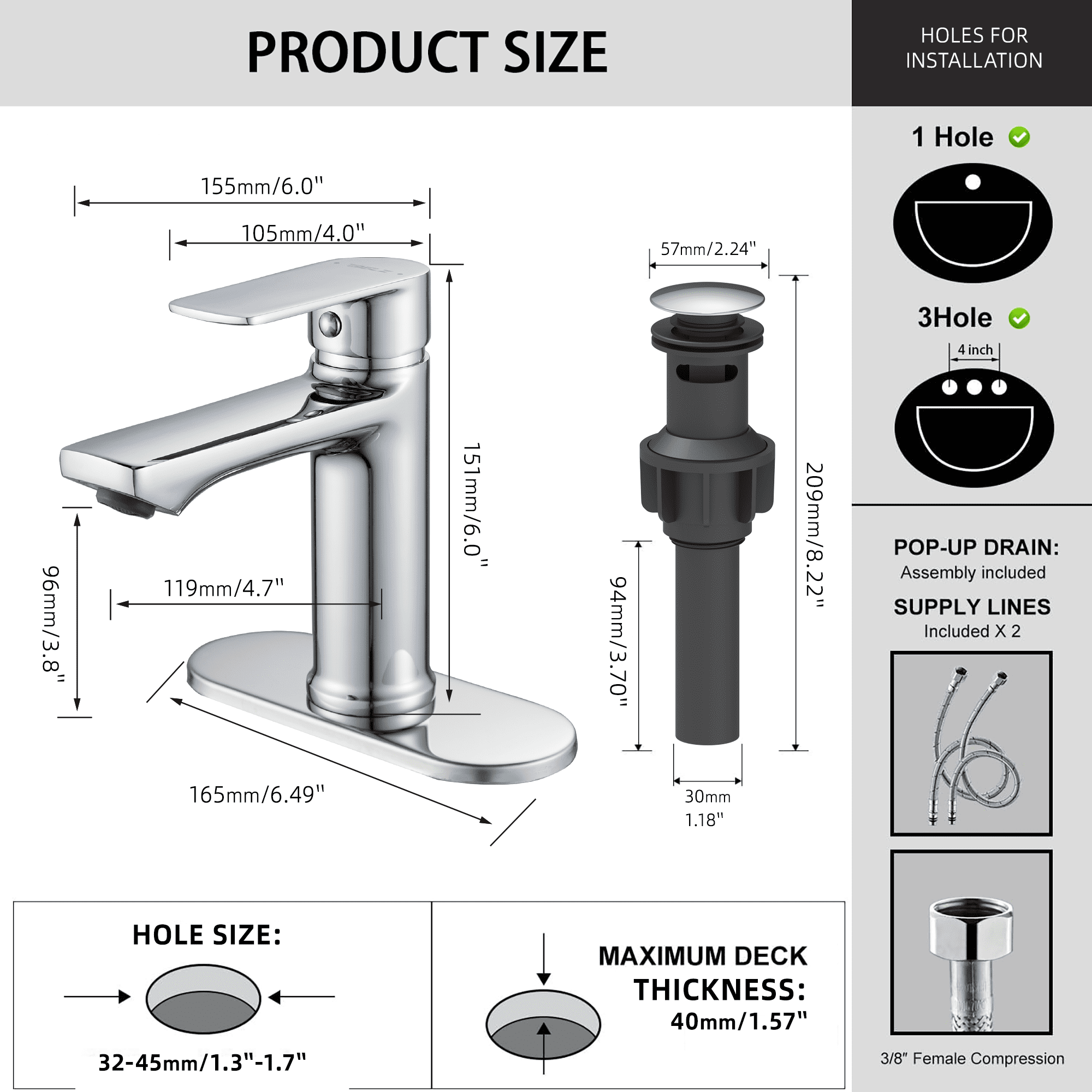 BELZ Bathroom Faucet Modern Waterfall Bathroom Sink Faucet with Single Handle with Pop Up Drain and Deck Plate Suitable for 1 or 3 Holes, Chorme