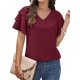 thumbnail image 2 of Camiseta de mujer Color puro cuello en V puños con volantes moda cómoda manga corta Top para oficina hogar citas vino rojo XXL, 2 of 6