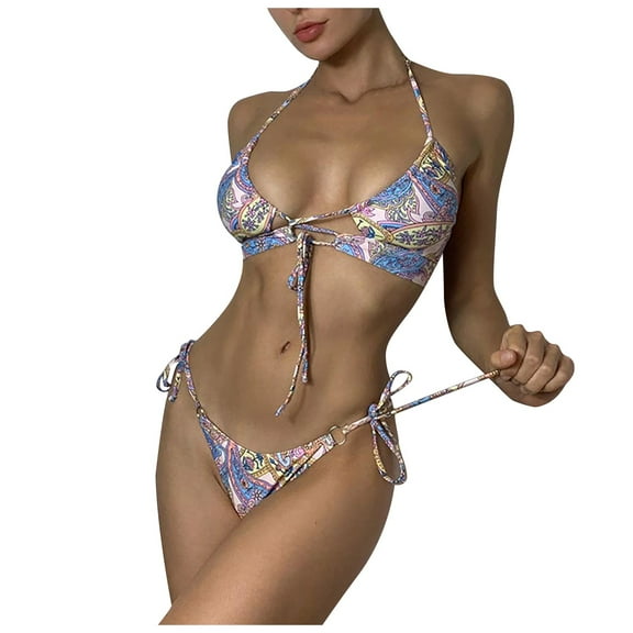 Plus size Swimsuits Women's Floral Adjustable Lace Up Swimsuit Two Piece Bikini Blue M(M)