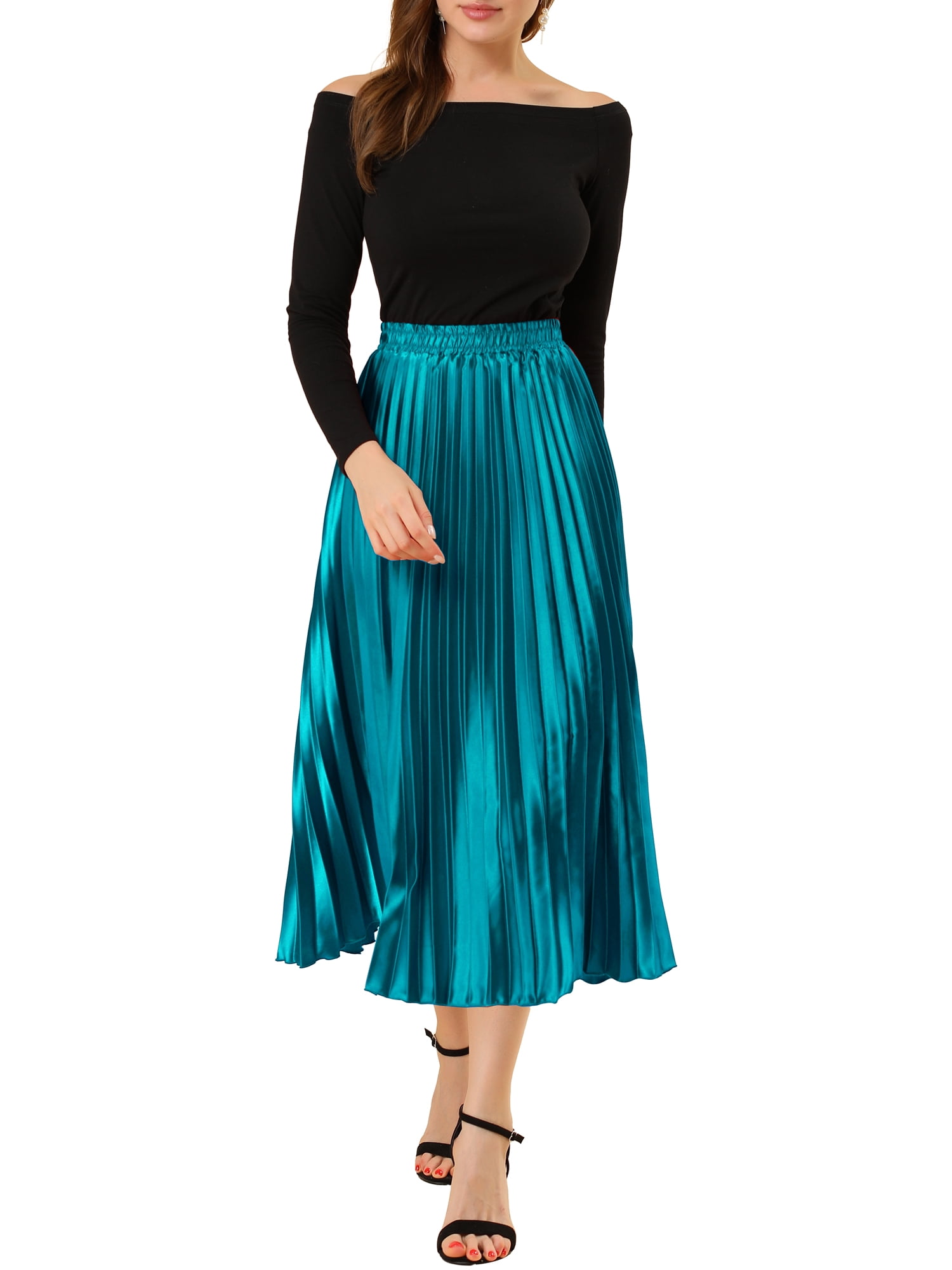 DARING DIVA Women's A-line High Waist Pleated Midi Skirt XS Peacock Blue