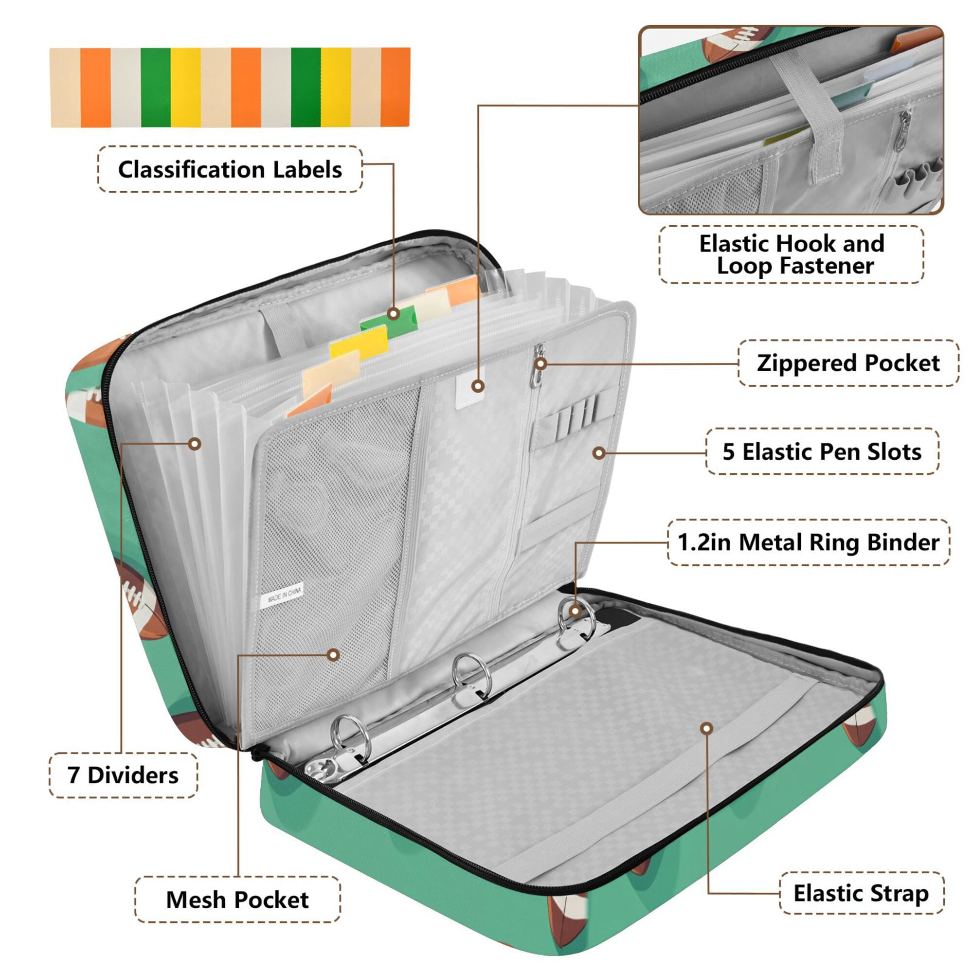 FORMRS Accordion File Folder A4 Size 7-Pocket Expanding Document Organizer Bag with 3 Ring Binder, Green American Footballs