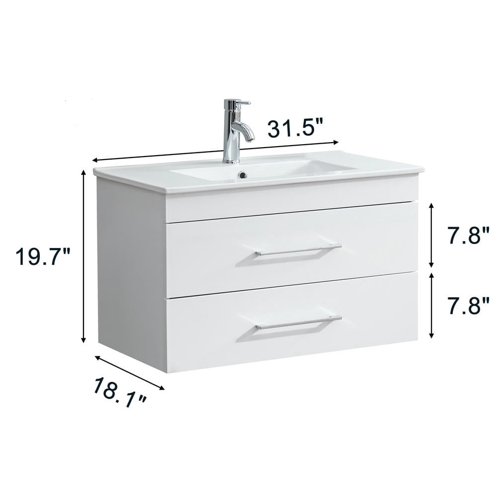 Topcobe 32-Inch White Gloss Wall-Mounted Bathroom Vanity with Double Drawers, Soft-Close System, Ceramic Sink, Bathroom Sink Vanity, Modern Furniture for Bathroom, Minimalist Bathroom Space