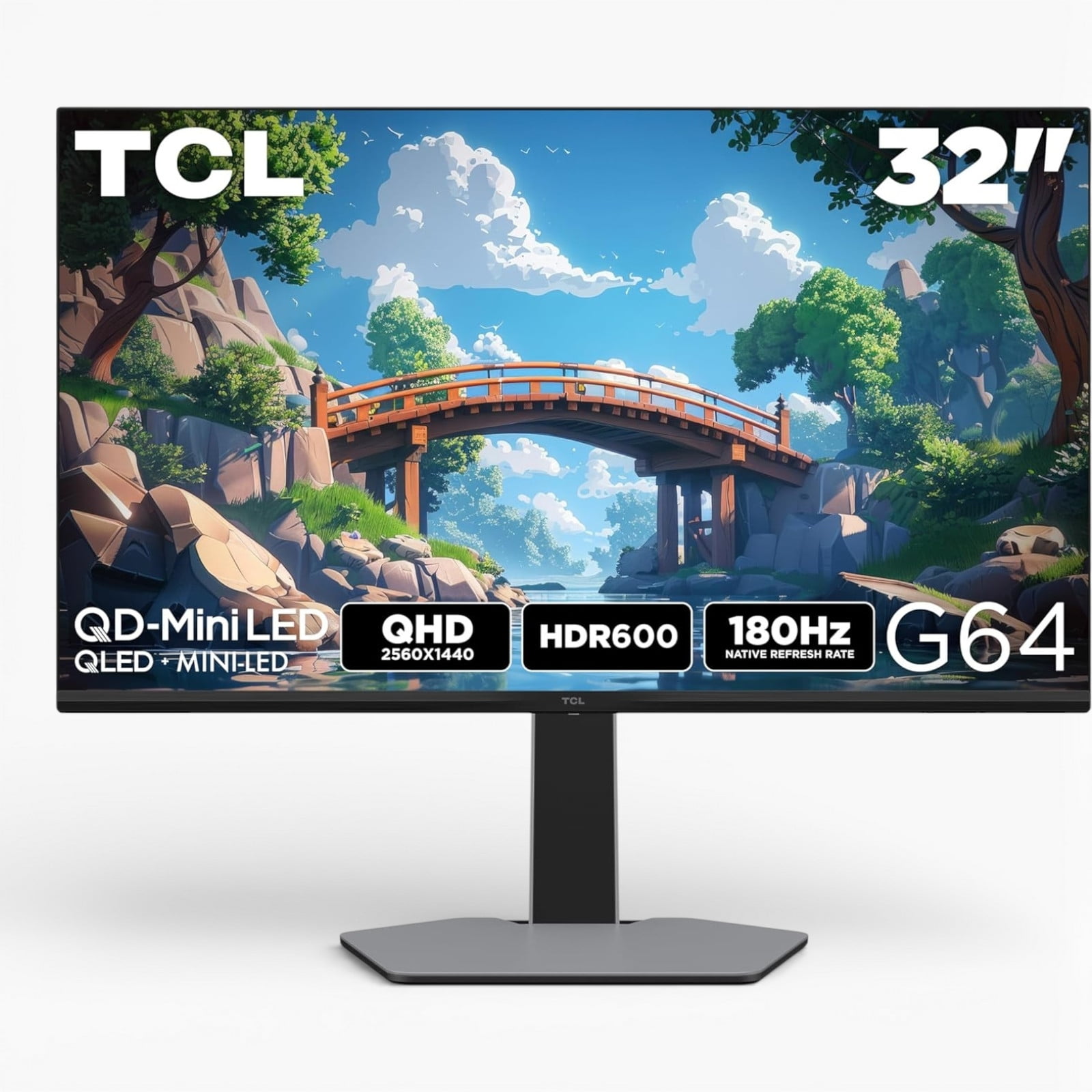 Restored TCL 32” G64 Series QHD HDR QD-Mini LED Gaming Monitor, 180Hz Refresh Rate, LD336 Precise Dimming Series, HDR600 Brightness, 1ms, AMD FreeSync (Refurbished)