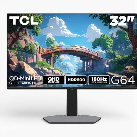 Restored TCL 32 G64 Series QHD HDR QD-Mini LED Gaming Monitor, 180Hz Refresh Rate, LD336 Precise Dimming Series, HDR600 Brightness, 1ms, AMD FreeSync (Refurbished)