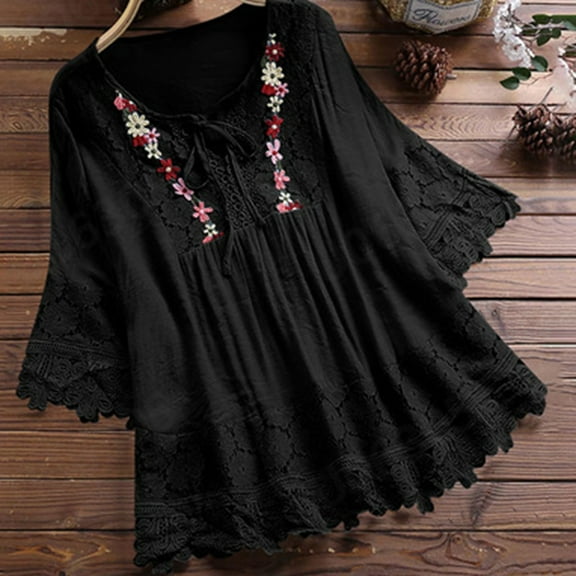 nochalofo Black V-Neck Casual Womens Summer Tops, Vintage Lace Patchwork Bow Three Quarter Blouses Top T Shirt