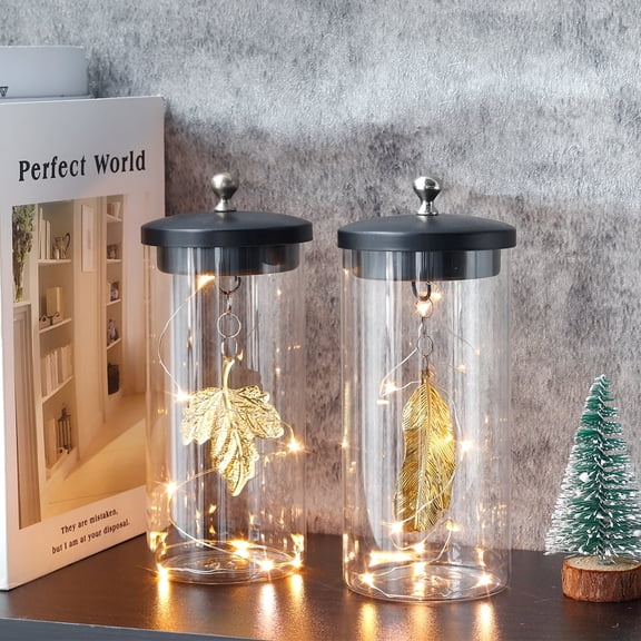 Set of 2 Medium Battery Powered Lantern, Glass Cordless Lamp (Gold Leaf)